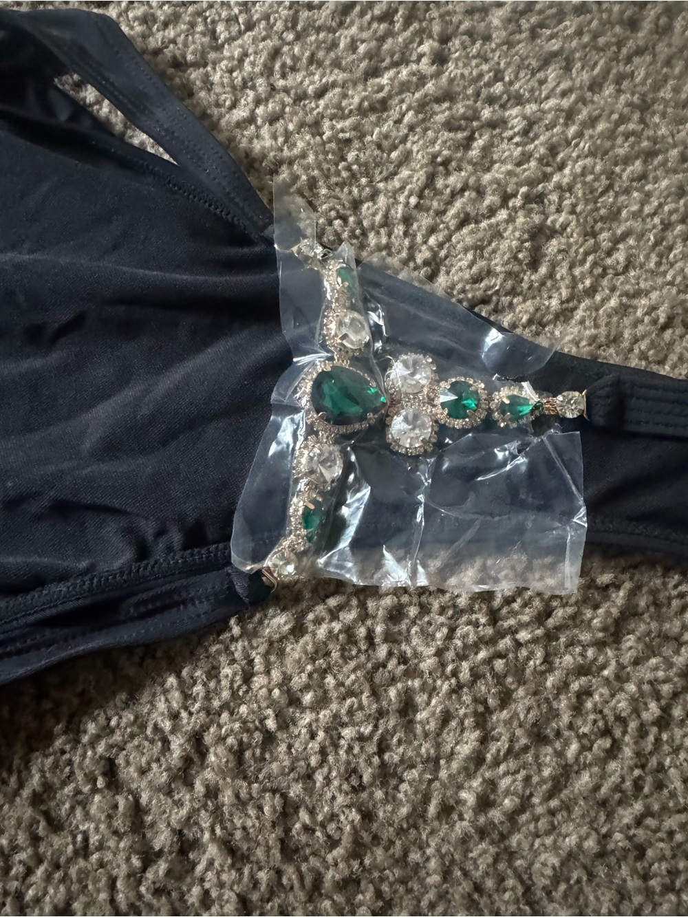 Black Bodysuit with Emerald Jewel Accent